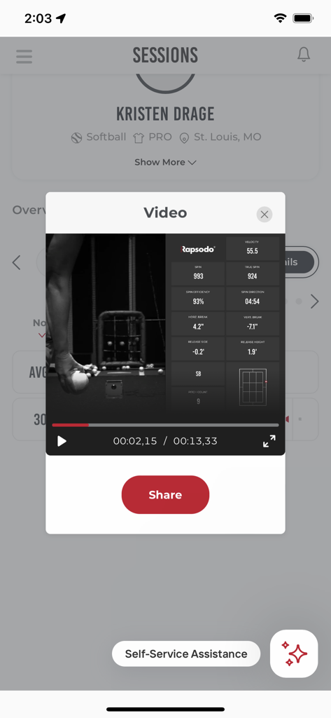 Rapsodo Diamond app softball pitching video session with velocity and spin metrics overlay