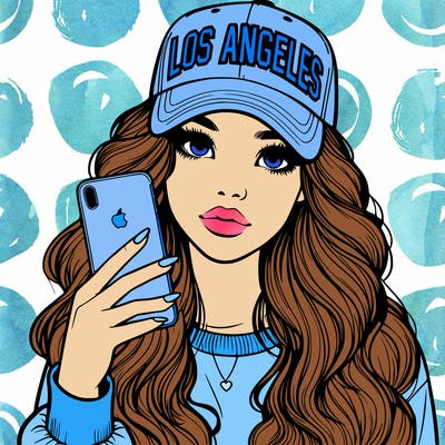 realistic beautiful girl wearing los ángeles cap holding an iphone