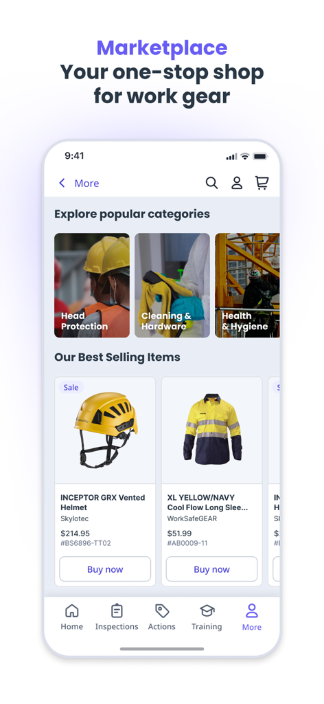 SafetyCulture (iAuditor) - Interfaccia del marketplace dell'app SafetyCulture che mostra opzioni per l'acquisto di DPI e attrezzature da lavoro industriali.