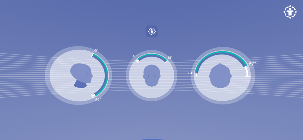 Corpus VR - Corpus VR interface displaying neck range of motion tracking and head rotation degrees for rehabilitation.