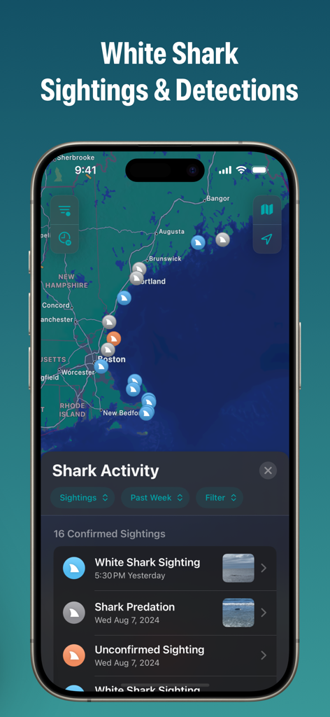Sharktivity by AWSC - Sharktivity app interface showing an interactive map with white shark sightings and a detailed activity list