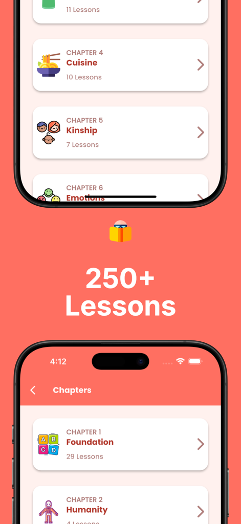 Learn Vietnamese For Beginners - Mobile app screen showing over 250 Vietnamese lessons categorized into chapters like Cuisine and Kinship.