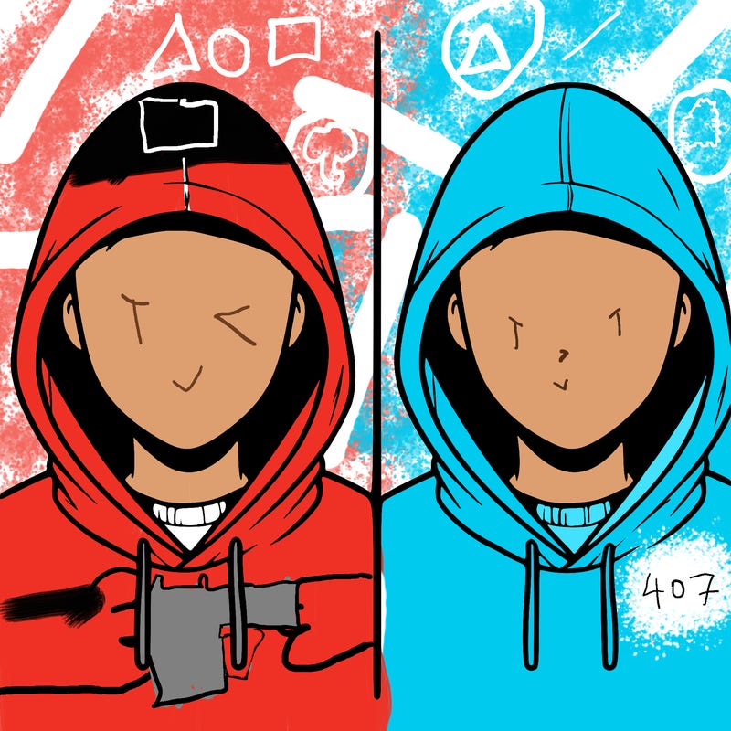 a person with a hoodie and no face, the drawing is split in 2