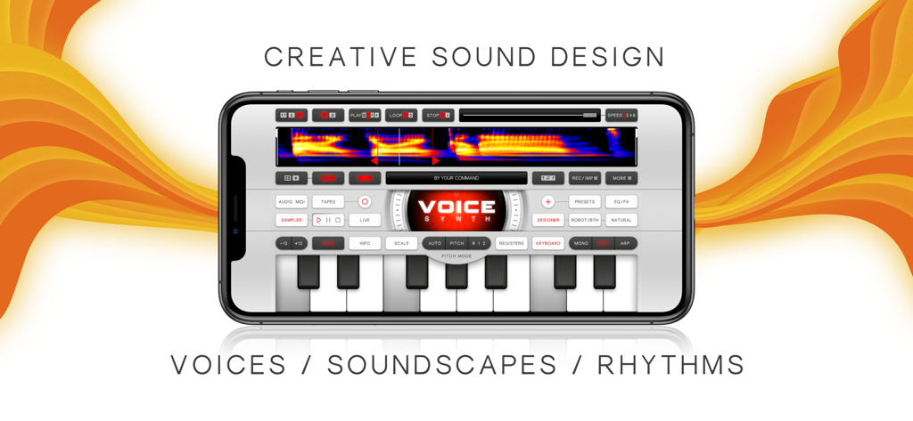 스마트폰의 창의적인 사운드 디자인 도구를 보여주는 Voice Synth Modular 앱 인터페이스