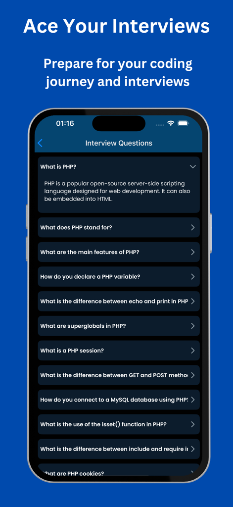 Learn PHP - PHP Editor/IDE - 開発者の仕事の準備のための一般的なPHP面接の質問と回答のリストを表示するモバイルアプリ画面。