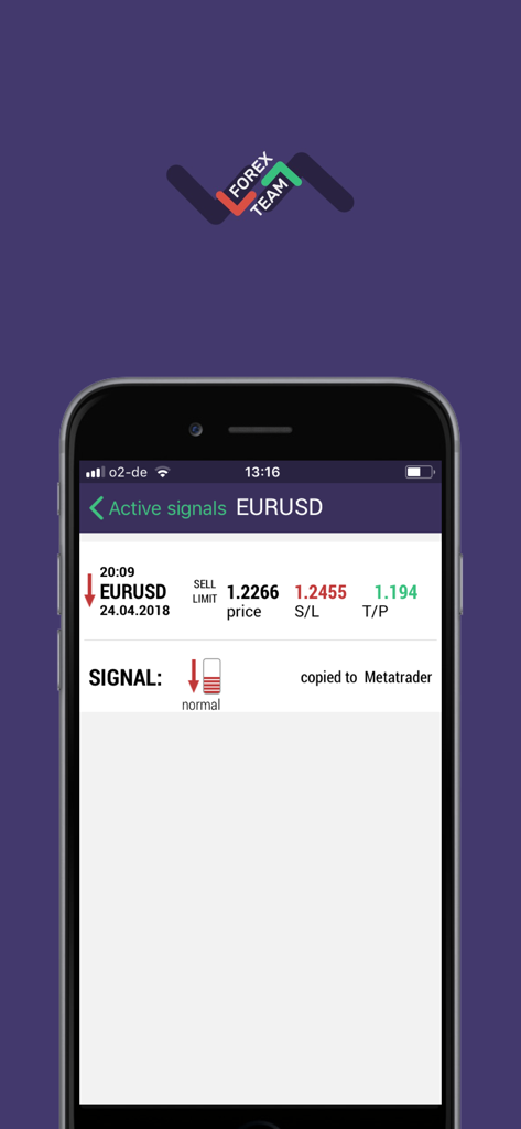 Aktives EURUSD Sell-Limit-Signal auf der Oberfläche der Forex Signals App