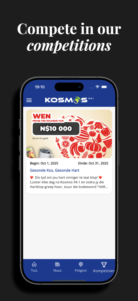 Kosmos 94.1 - A screenshot of the Kosmos 94.1 radio app showing its competitions page with a prize giveaway