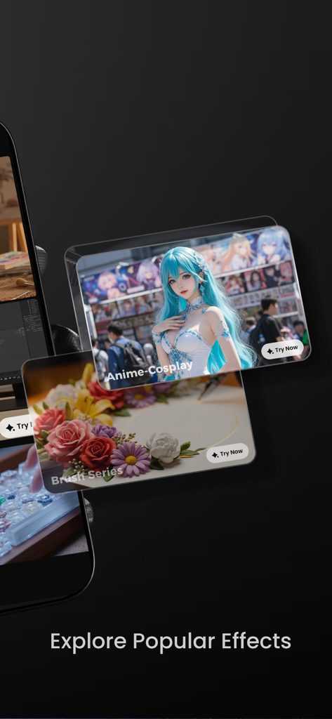 AI Video Generator & Photo AI - Interface showcasing popular AI image effects including anime cosplay and realistic floral brush styles