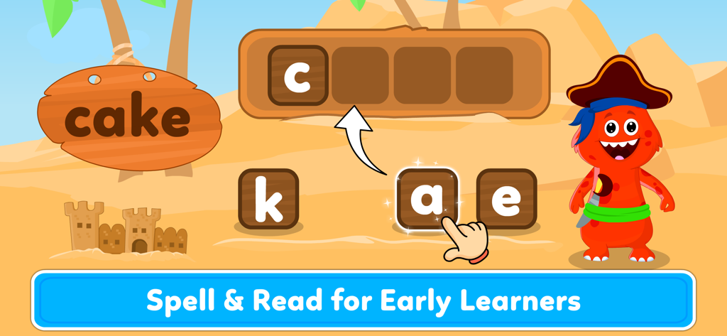 Interfaccia di gioco educativa che mostra un bambino che trascina lettere per comporre la parola torta con un simpatico personaggio mostro pirata.
