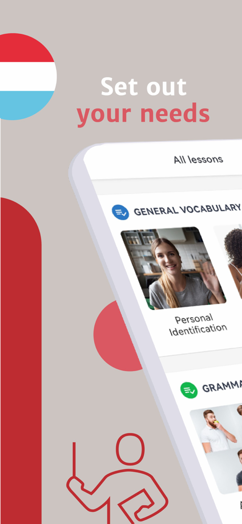LLO - Uno schermo di un'app mobile per LLO.LU che mostra lezioni di lingua lussemburghese, tra cui vocabolario generale e sezioni di identificazione personale.