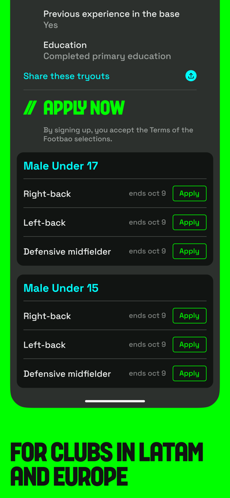 Footbao - Interface of the Footbao app showing soccer tryout applications for different age groups and player positions.