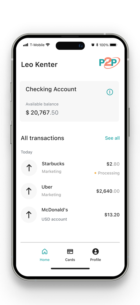 P2P Finance mobile app dashboard displaying checking account balance and recent transactions history.