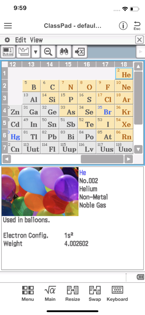CASIO ClassPad app displaying a periodic table and detailed information for the element Helium