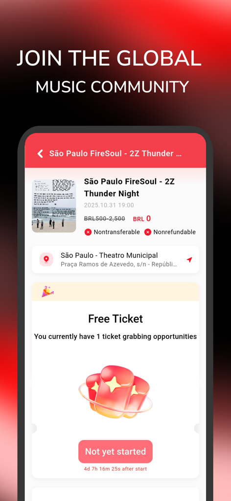 Cisumverse mobile app interface displaying a free ticket for a Sao Paulo music event.