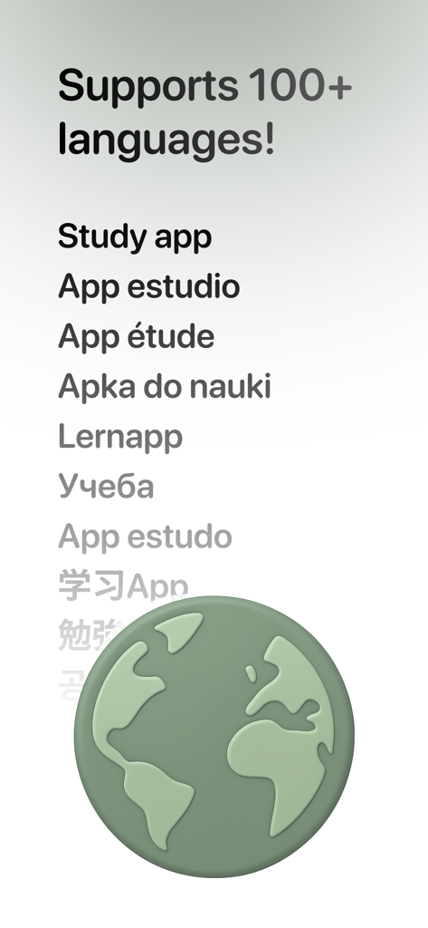Schermata dell'app Snitchnotes che mostra il supporto per oltre 100 lingue con un'icona del globo e un elenco di termini di studio internazionali