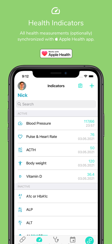 HealthLy: Therapy & Health - HealthLy app interface showing a list of tracked health indicators including blood pressure and heart rate with Apple Health integration