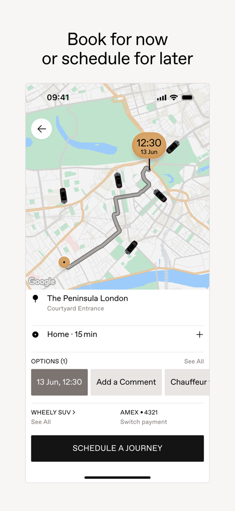 Wheely app interface showing a map with available chauffeurs and a scheduled luxury ride booking from a hotel.