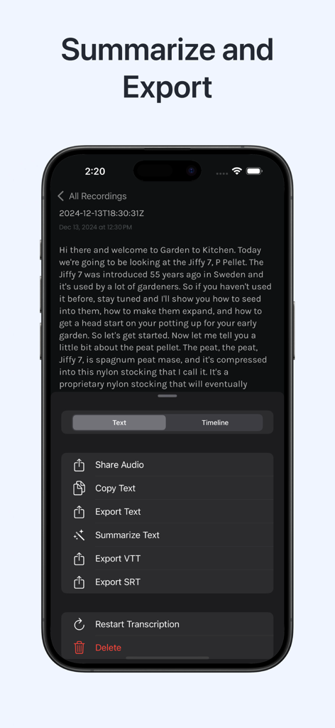 Jotter: Transcribe Voice Video - Jotter app interface displaying a text transcription with options to summarize and export in various formats