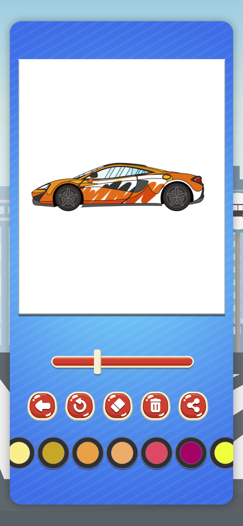 Magic cars coloring book game - Pagina da colorare di un'auto sportiva arancione in un'interfaccia di app per colorare per bambini