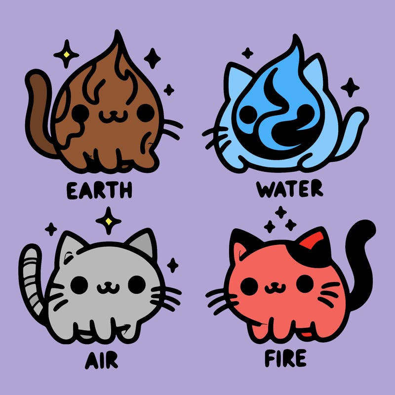4 cats that represent the different elements, earth, water, air, and fire