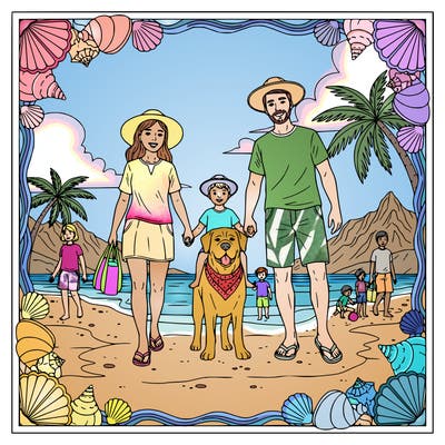 a family on vacation, at the beach or mountains,  wearing vacation clothes, other people in background,  their dog is there