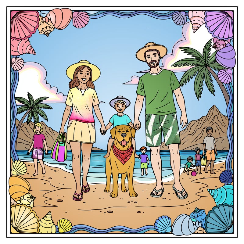 a family on vacation, at the beach or mountains,  wearing vacation clothes, other people in background,  their dog is there