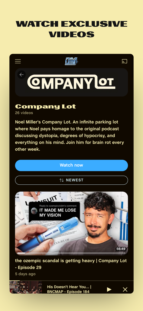 Interface do aplicativo TMG Studios mostrando a série de vídeos Company Lot de Noel Miller