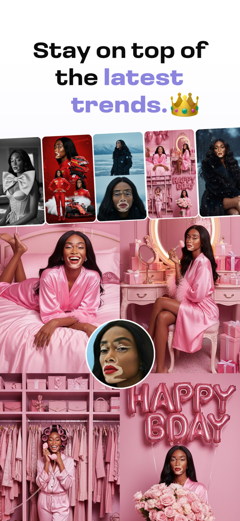 AI Effects & Filters - Bloom - A showcase of trending AI photoshoot styles in the Bloom app including birthday and fashion themes