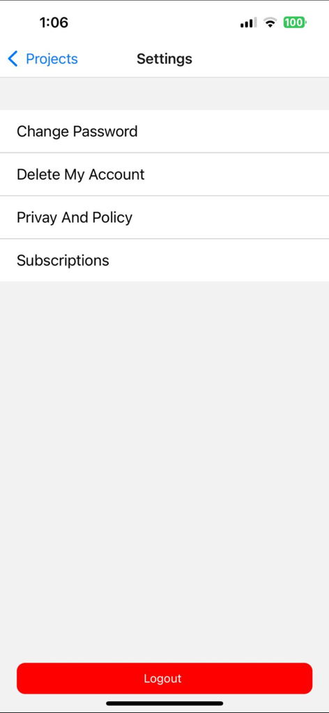 AV Realm - AV Realmアプリの設定画面。パスワード変更、アカウント削除、プライバシーポリシー、サブスクリプション、およびログアウトボタンのオプションが表示されています。