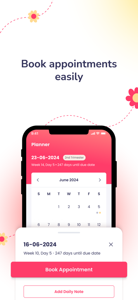 Interfaz de la aplicación Flabee Care que muestra el planificador de embarazo y la pantalla de reserva de citas.