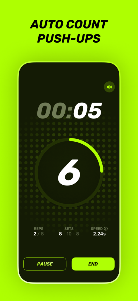 Interface of Puuush app showing automatic push up counting with a timer and rep tracker