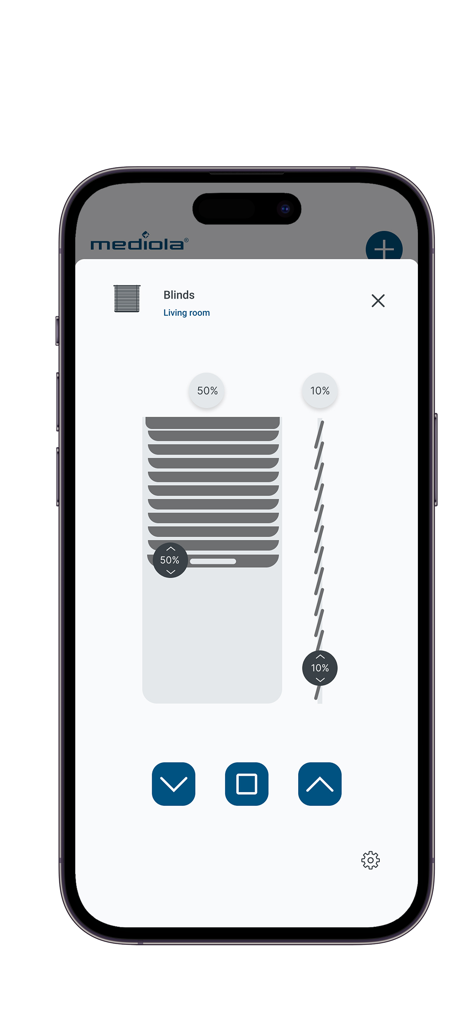 mediola connect - Oberfläche der mediola connect App zur Steuerung der Höhe und Neigung von Smart-Jalousien.