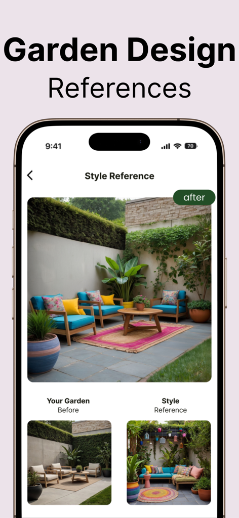 Une interface d'application mobile montrant un relooking de jardin généré par IA d'une photo avant à un après design élégant à l'aide d'une référence de style