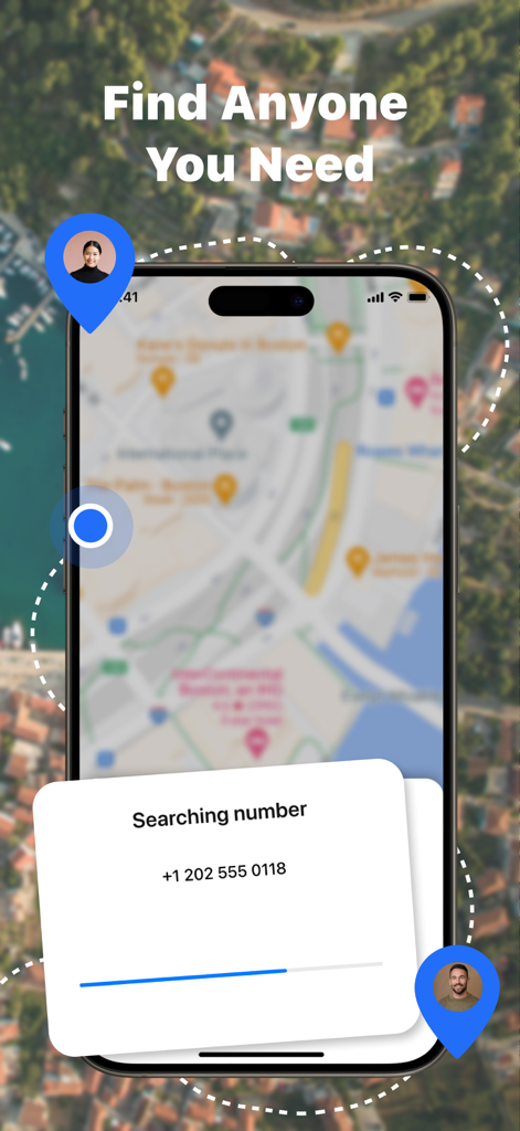 Pantalla de smartphone mostrando la función de búsqueda de ubicación por número de teléfono con un fondo de mapa