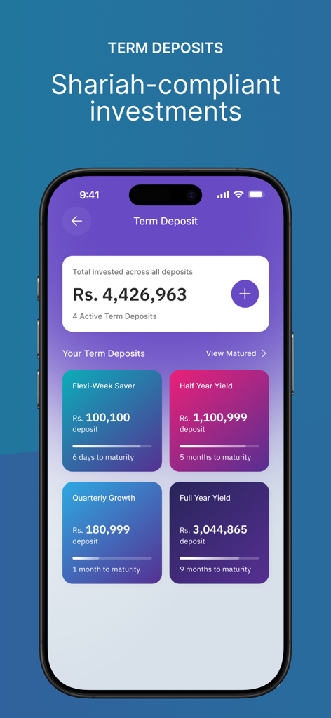 Raqami app screen for Shariah-compliant term deposits and investment management.