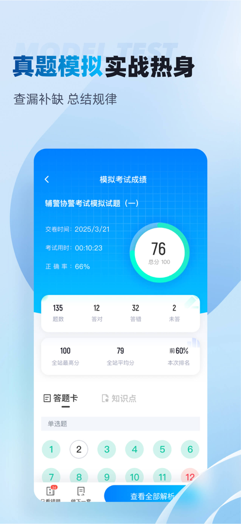 警考宝典搜题-专注公安警察考试招聘 - Écran des résultats d'un examen blanc dans l'application Police Exam Treasure montrant un score de 76 % avec des statistiques de performance détaillées et une analyse des réponses