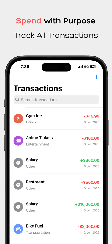 A list of categorized income and expenses in the Budget and Spending Tracker mobile app interface