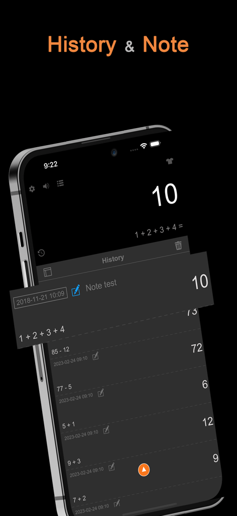 DayCalc - Note Calculator - DayCalc app interface showing a list of calculation history with dates and notes in dark mode.