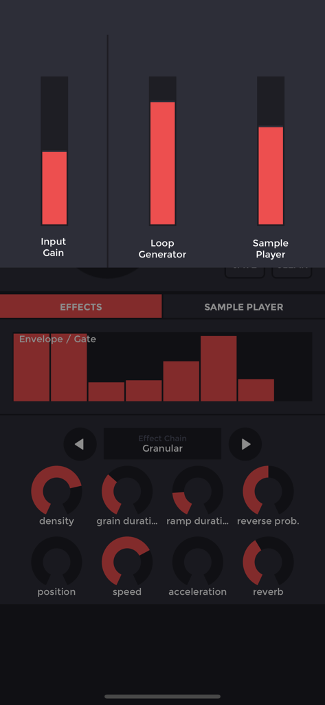 Loopfield : field recorder - Loopfield app interface showing granular synthesis controls and mixer levels