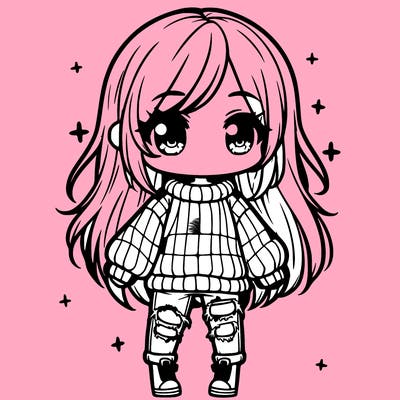 chibi girl with ripped jeans,long hair, and an oversized sweater