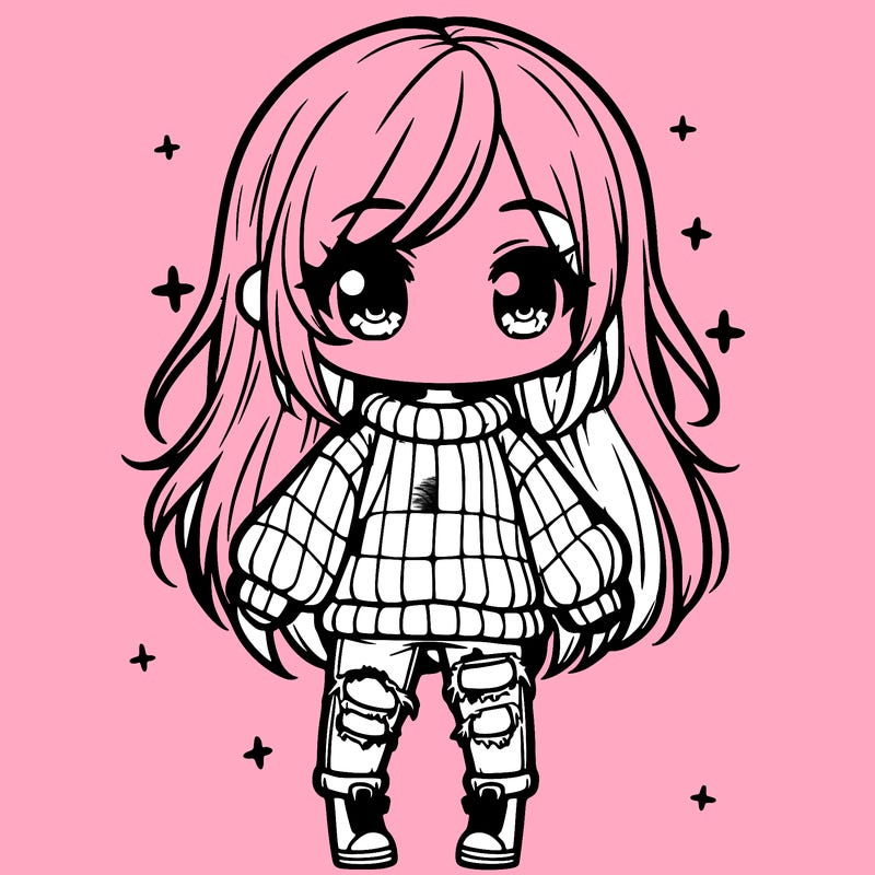 chibi girl with ripped jeans,long hair, and an oversized sweater