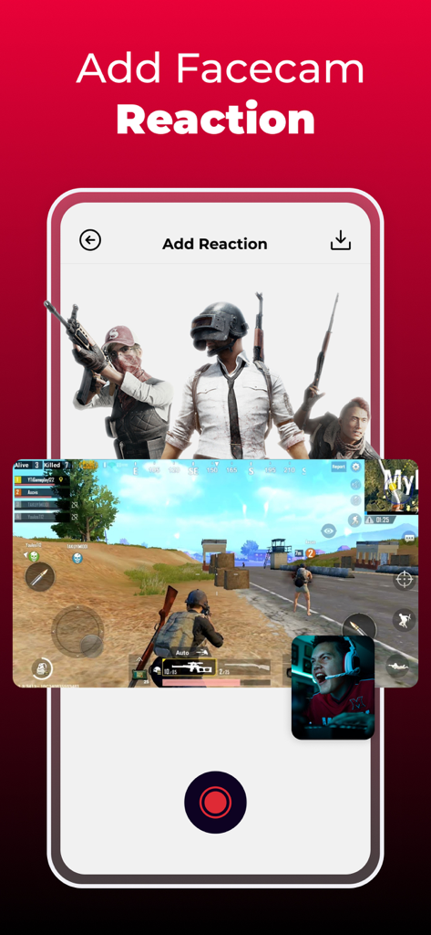 Screen Recorder: Capture Video - Mobile screen recorder interface showing a facecam reaction overlay on a gaming video