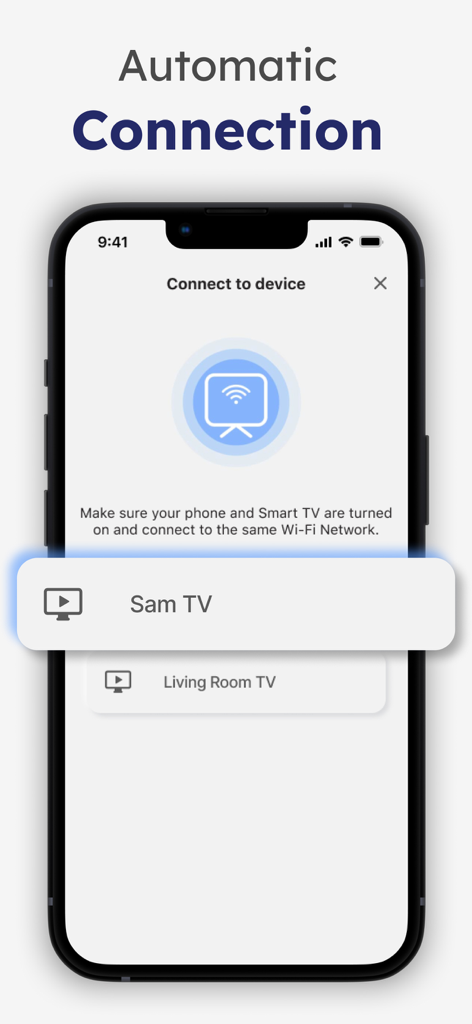 Sam TV Remote Control - Interface of Sam TV Remote Control app showing automatic Wi-Fi connection to smart TVs.