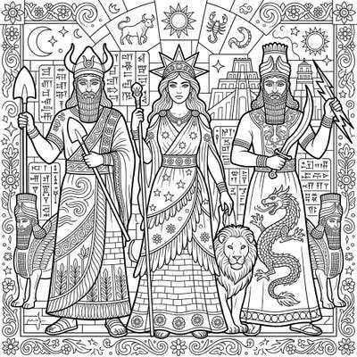 Immerse yourself in the rich tapestry of ancient Mesopotamian mythology with this captivating coloring page. Featuring powerful deities amidst cuneiform script and celestial symbols, it's a unique blend of history and art.