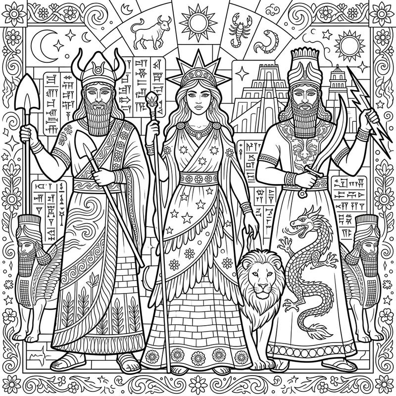 Immerse yourself in the rich tapestry of ancient Mesopotamian mythology with this captivating coloring page. Featuring powerful deities amidst cuneiform script and celestial symbols, it's a unique blend of history and art.