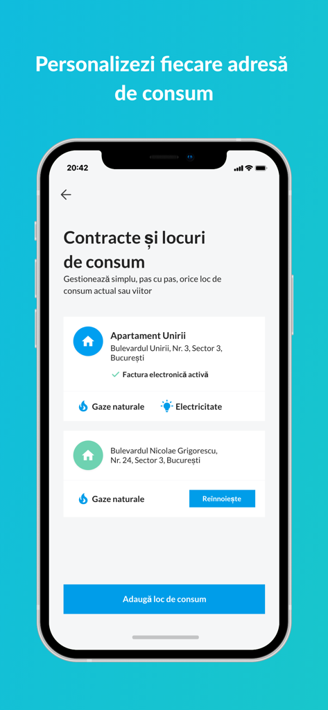 MyENGIE - MyENGIE mobile app interface showing management of multiple utility consumption addresses in Romania