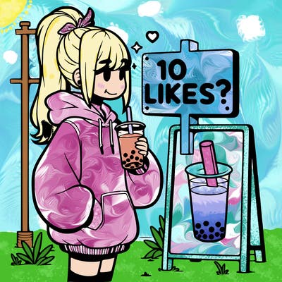 girl with oversized hoodie drinking boba and she has a high ponytail with a sign that says 10likes?