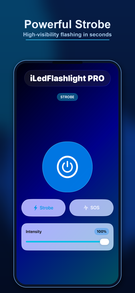 iLed FlashLight PRO - Interfaz de la aplicación iLed FlashLight PRO que muestra las potentes funciones de luz estroboscópica y SOS con un control deslizante de intensidad de luz.