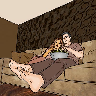 realistic couple watching a movie while laying down on a couch in the living room eating popcorn with peel and stick wallpaper