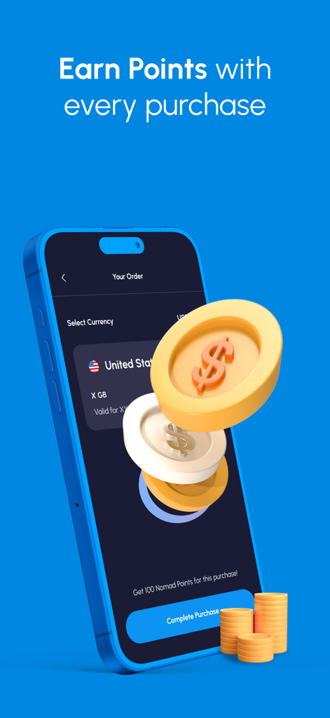 Nomad eSIM: Prepaid Data Plan - Interface de l'application Nomad eSIM illustrant un programme de fidélité où les utilisateurs gagnent des points à chaque achat.